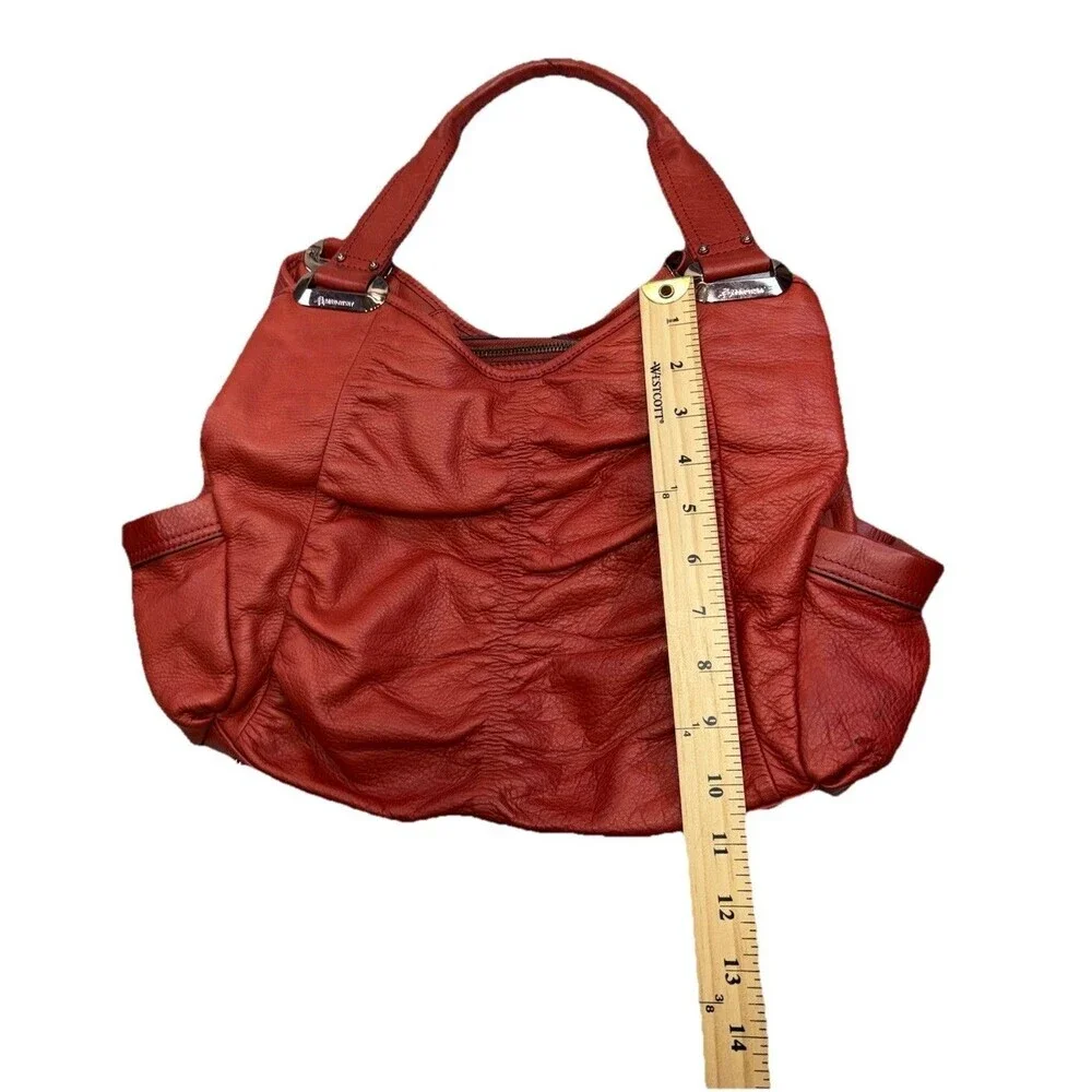 B. Makowsky Red Orange Pebbled Leather Satchel Bag Boho Shoulder Purse 3-Section
